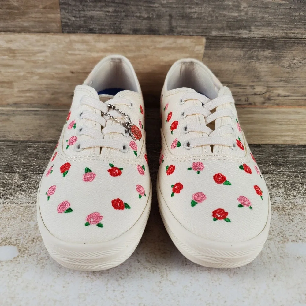 Keds Champion Womens Shoes Sz 5 M Off White Canvas Rose Embroidery Sneakers